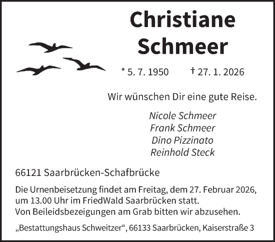 Traueranzeige von Christiane Schmeer von saarbruecker_zeitung
