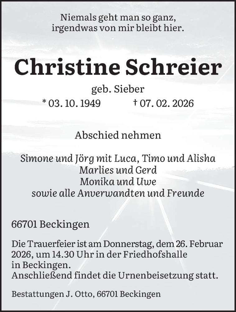  Traueranzeige für Christine Schreier vom 21.02.2026 aus saarbruecker_zeitung