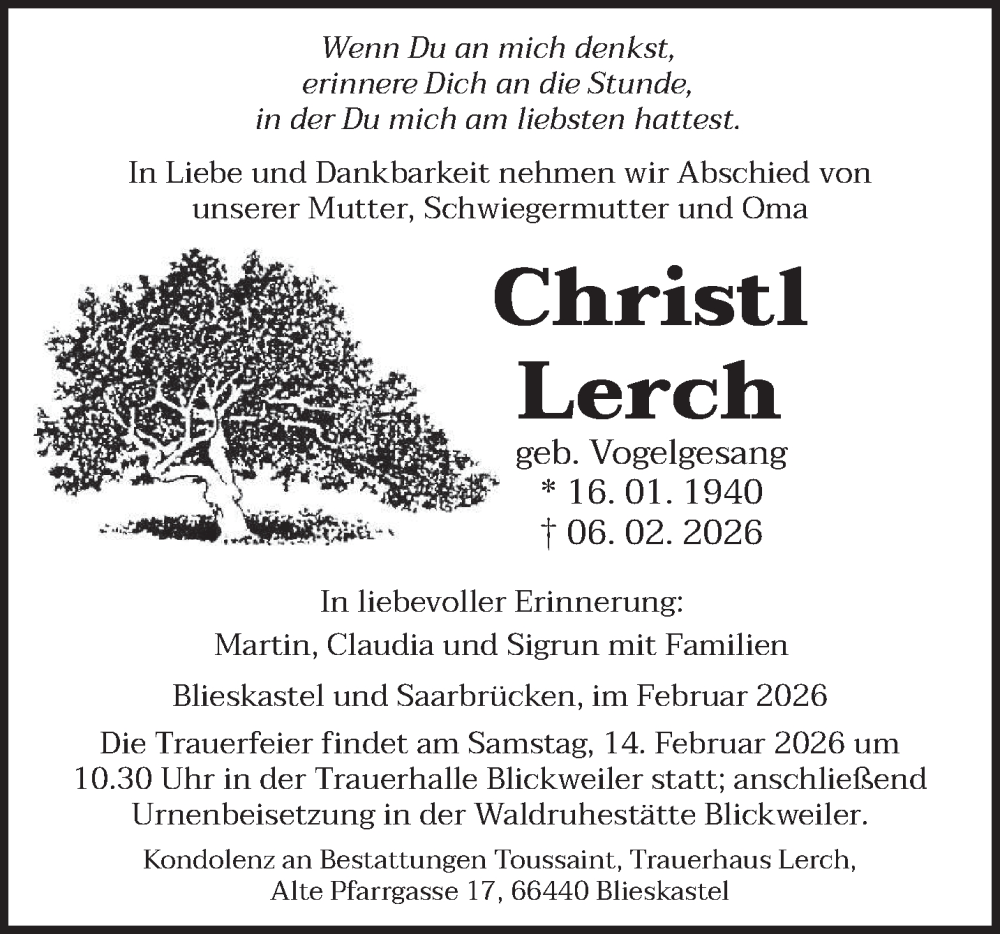  Traueranzeige für Christl Lerch vom 11.02.2026 aus saarbruecker_zeitung