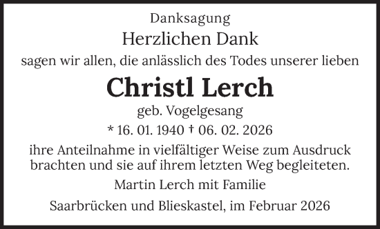 Traueranzeige von Christl Lerch von saarbruecker_zeitung