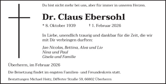 Traueranzeige von Claus Ebersohl von saarbruecker_zeitung