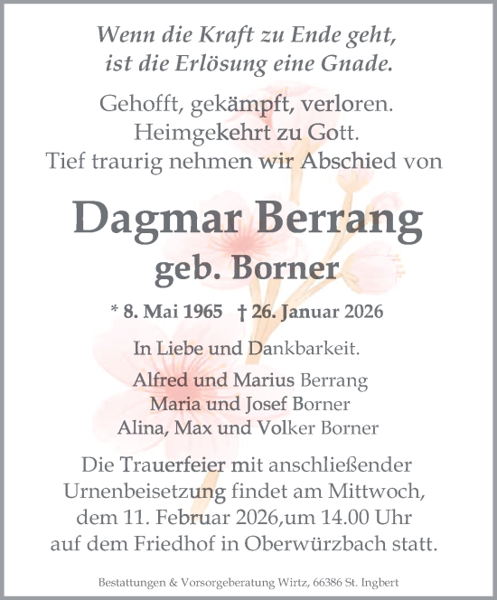 Traueranzeige von Dagmar Berrang von saarbruecker_zeitung