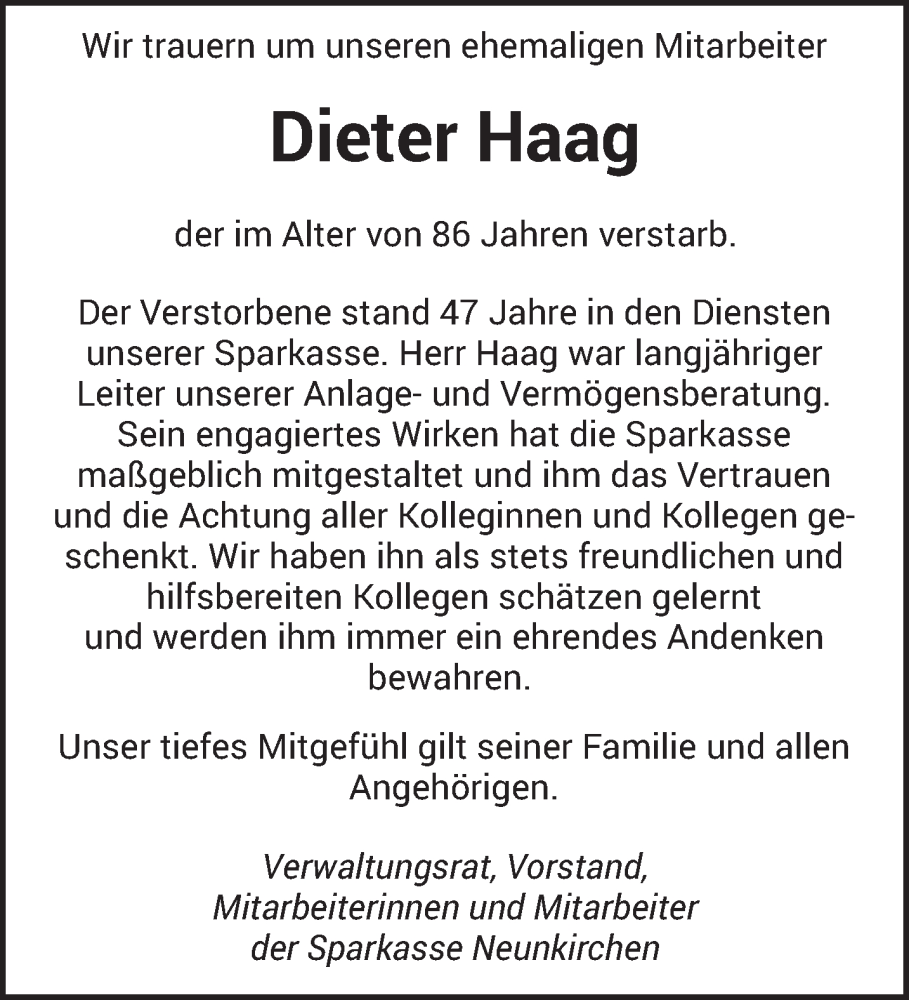  Traueranzeige für Dieter Haag vom 31.01.2026 aus saarbruecker_zeitung
