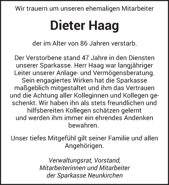 Traueranzeige von Dieter Haag von saarbruecker_zeitung