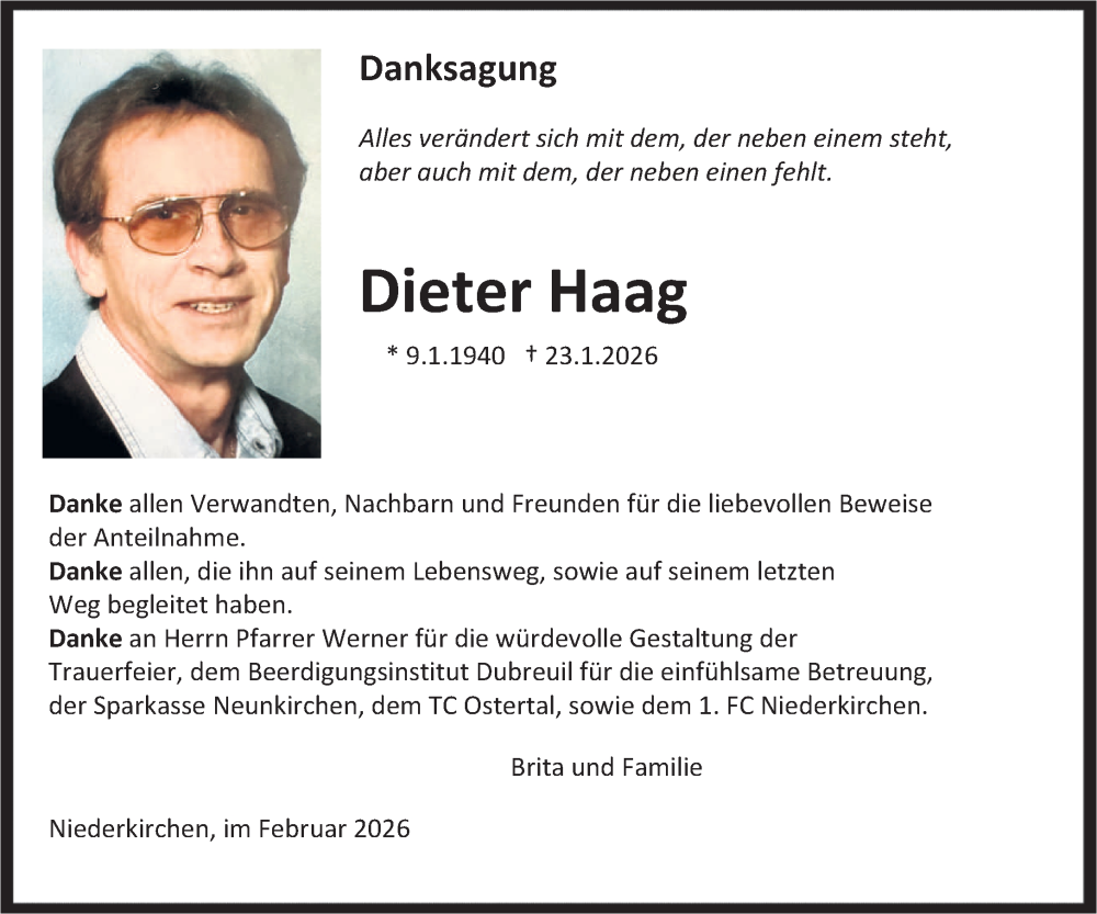 Traueranzeige für Dieter Haag vom 14.02.2026 aus saarbruecker_zeitung