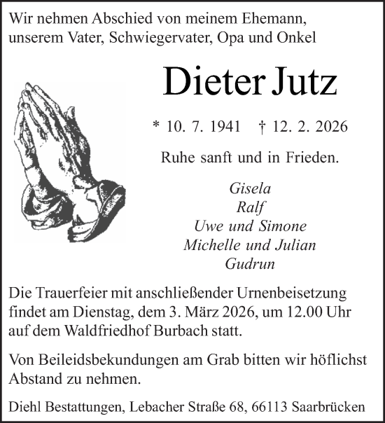 Traueranzeige von Dieter Jutz von saarbruecker_zeitung