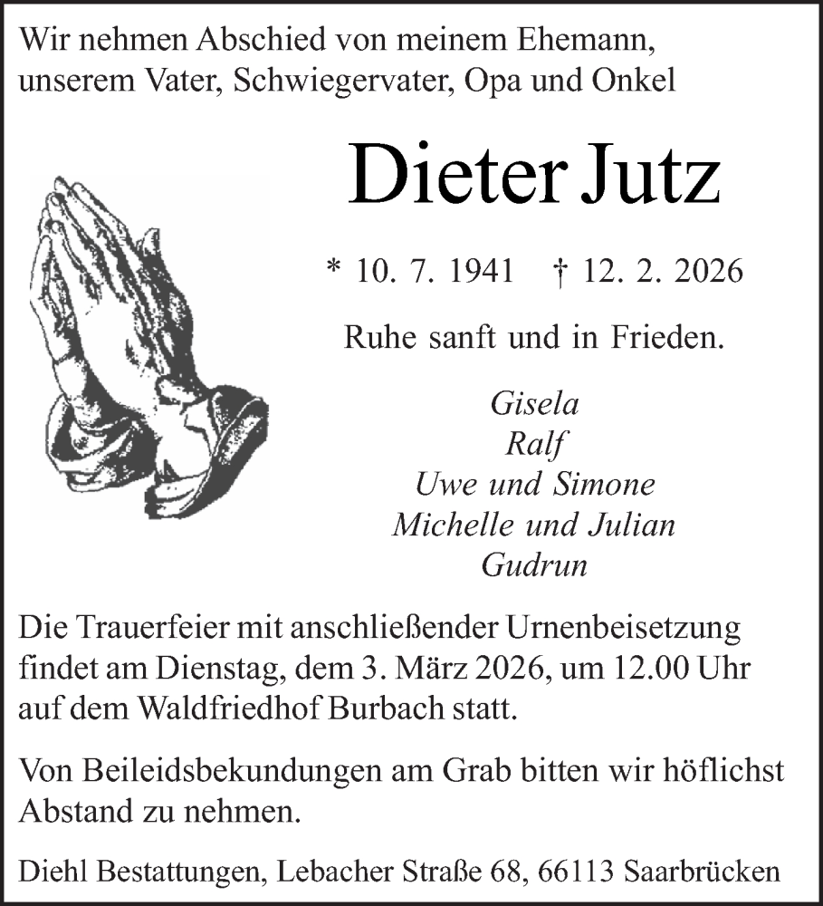  Traueranzeige für Dieter Jutz vom 21.02.2026 aus saarbruecker_zeitung