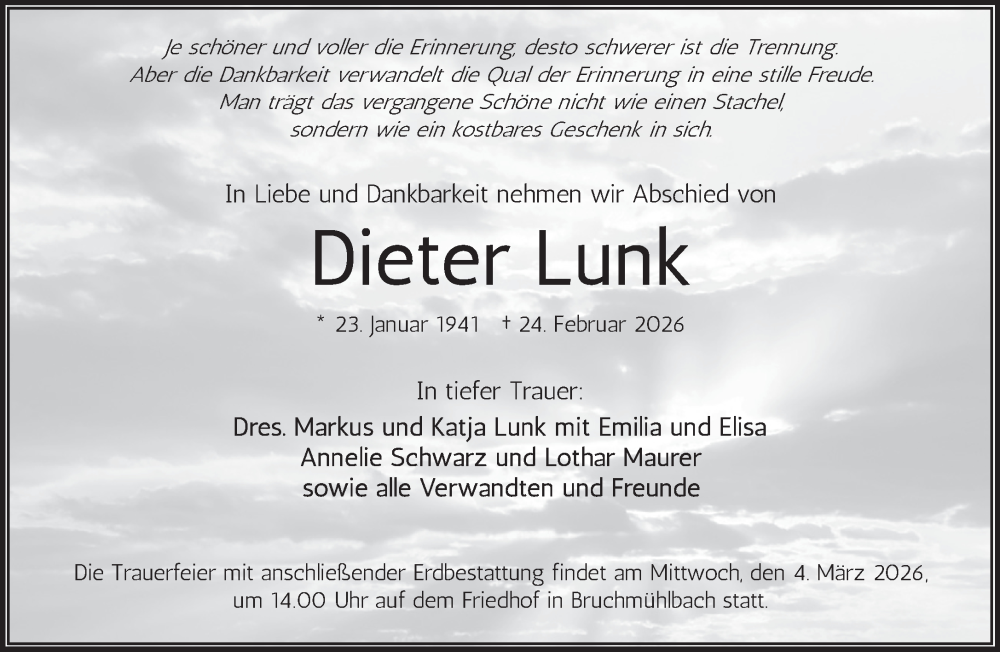  Traueranzeige für Dieter Lunk vom 28.02.2026 aus saarbruecker_zeitung
