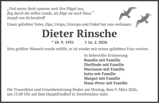 Traueranzeige von Dieter Rinsche von saarbruecker_zeitung