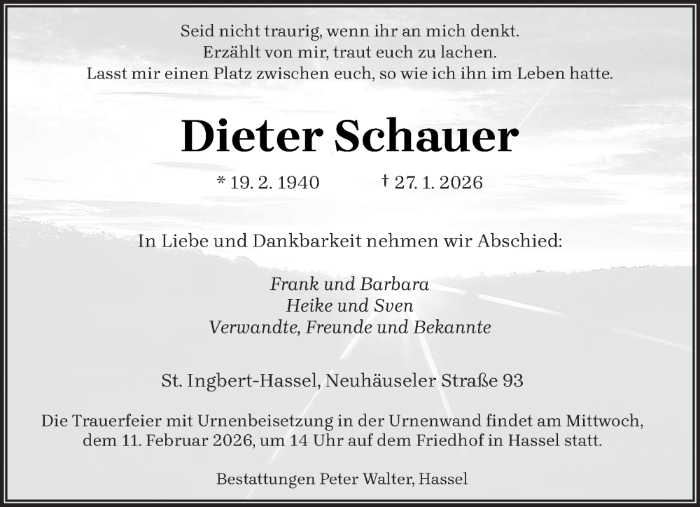 Traueranzeige für Dieter Schauer vom 31.01.2026 aus saarbruecker_zeitung