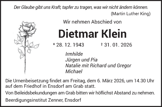 Traueranzeige von Dietmar Klein von saarbruecker_zeitung