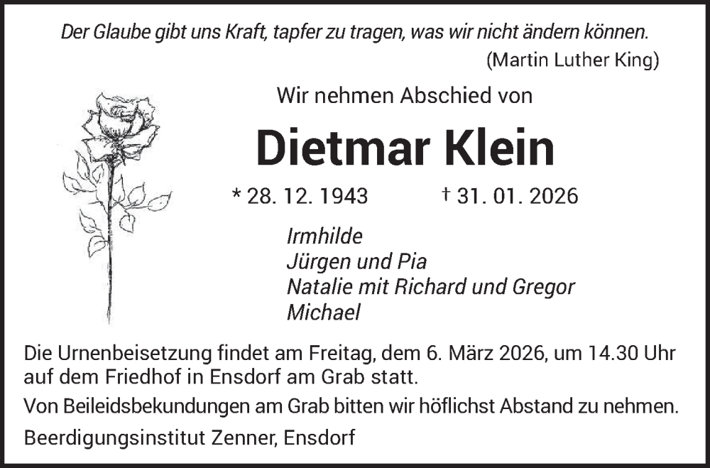  Traueranzeige für Dietmar Klein vom 28.02.2026 aus saarbruecker_zeitung