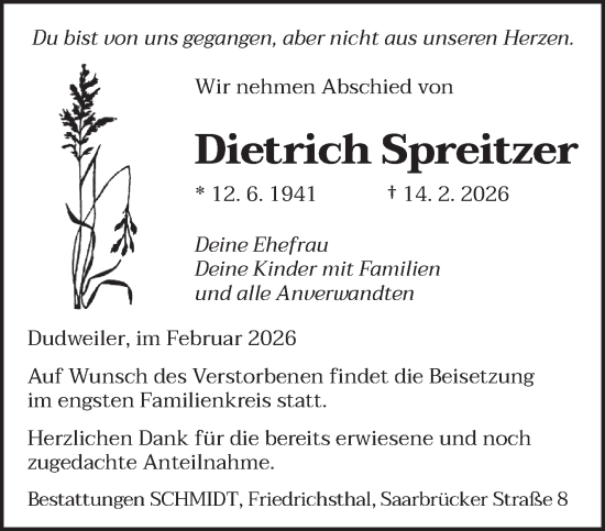 Traueranzeige von Dietrich Spreitzer von saarbruecker_zeitung