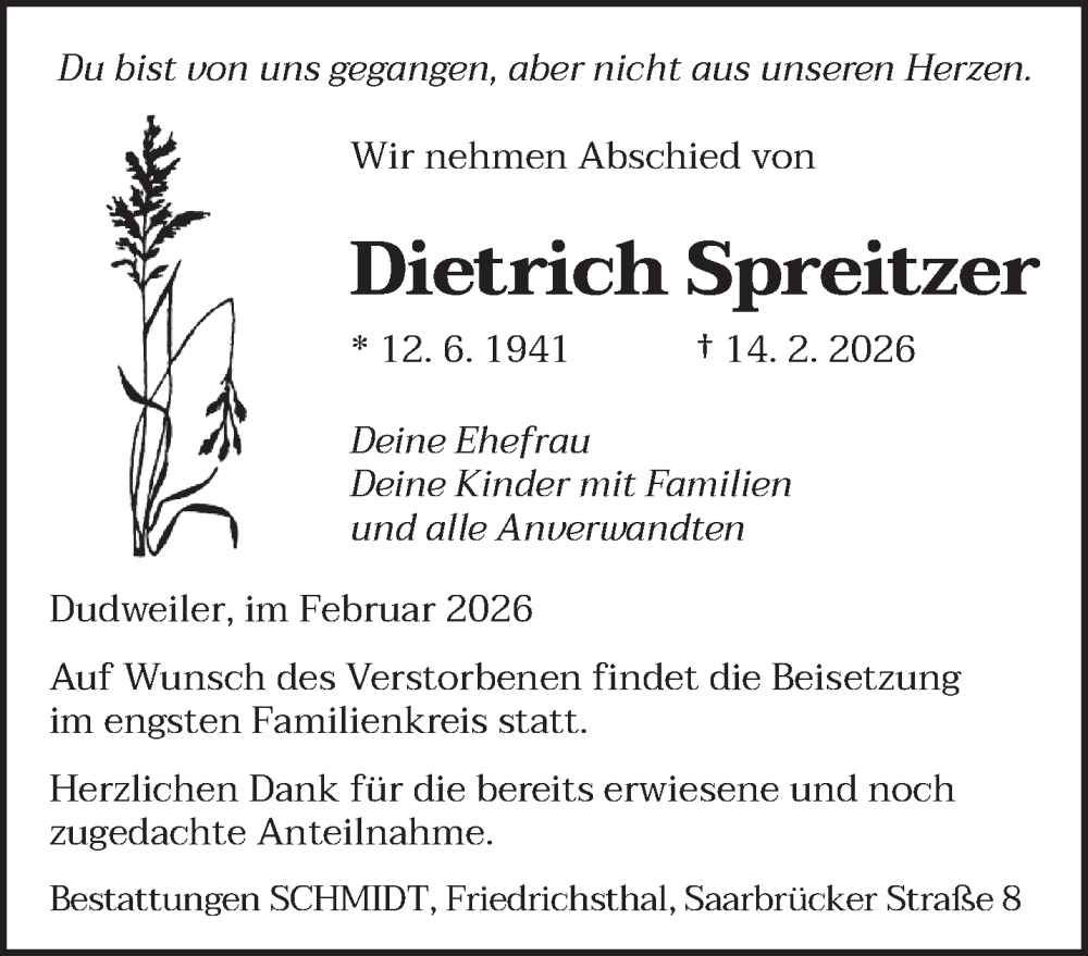  Traueranzeige für Dietrich Spreitzer vom 21.02.2026 aus saarbruecker_zeitung