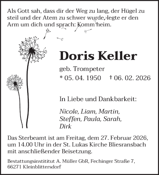 Traueranzeige von Doris Keller von saarbruecker_zeitung