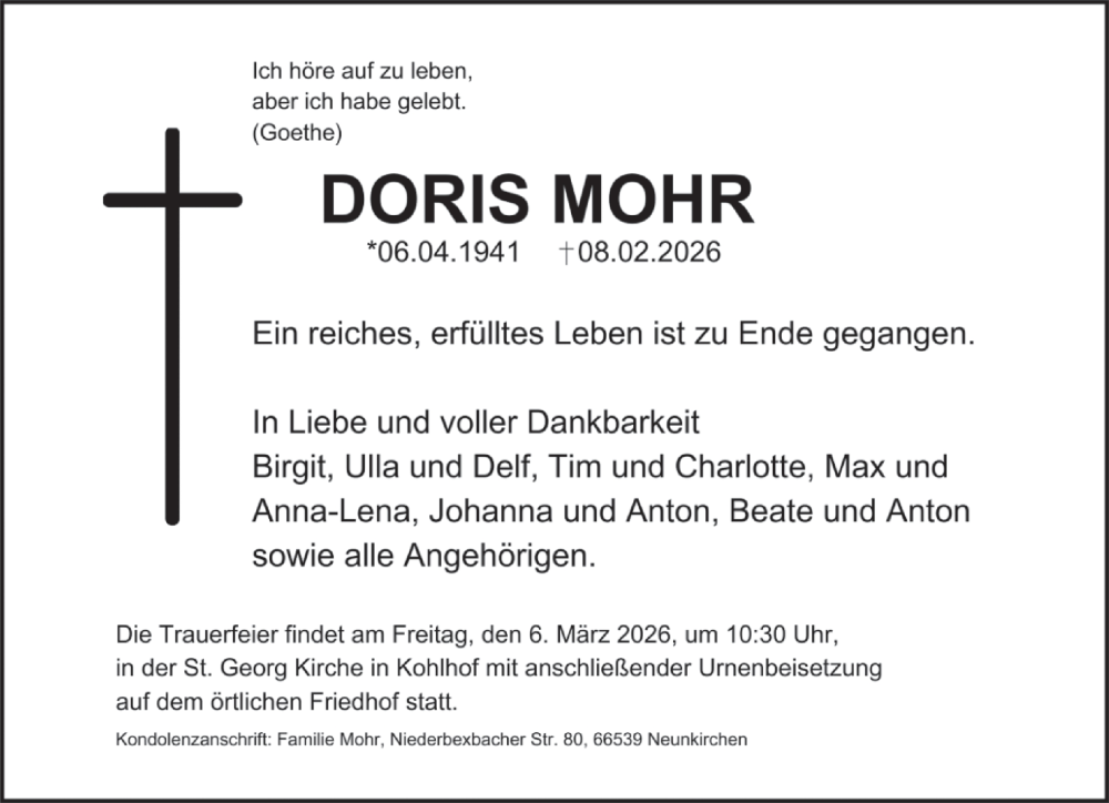  Traueranzeige für Doris Mohr vom 28.02.2026 aus saarbruecker_zeitung