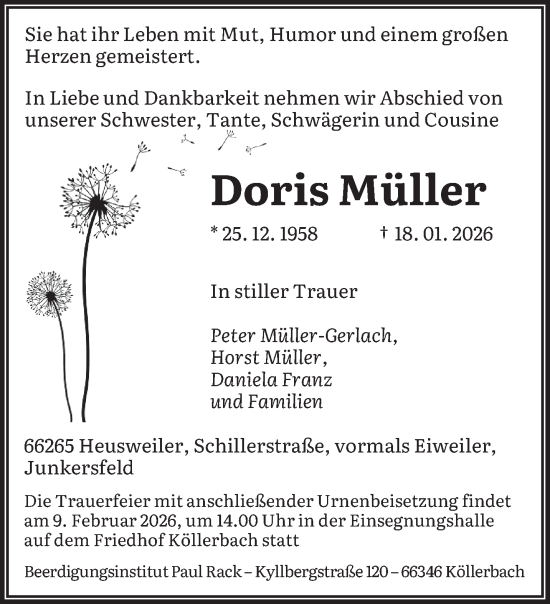 Traueranzeige von Doris Müller von saarbruecker_zeitung