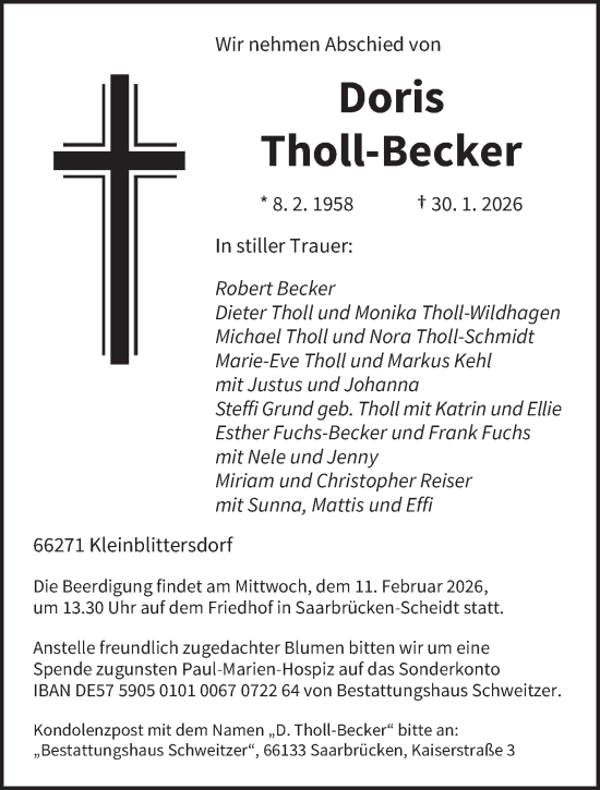 Traueranzeige von Doris Tholl-Becker von saarbruecker_zeitung