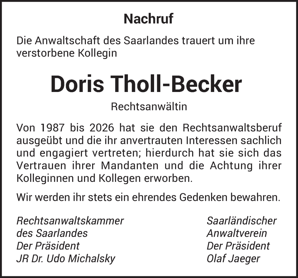  Traueranzeige für Doris Tholl-Becker vom 14.02.2026 aus saarbruecker_zeitung