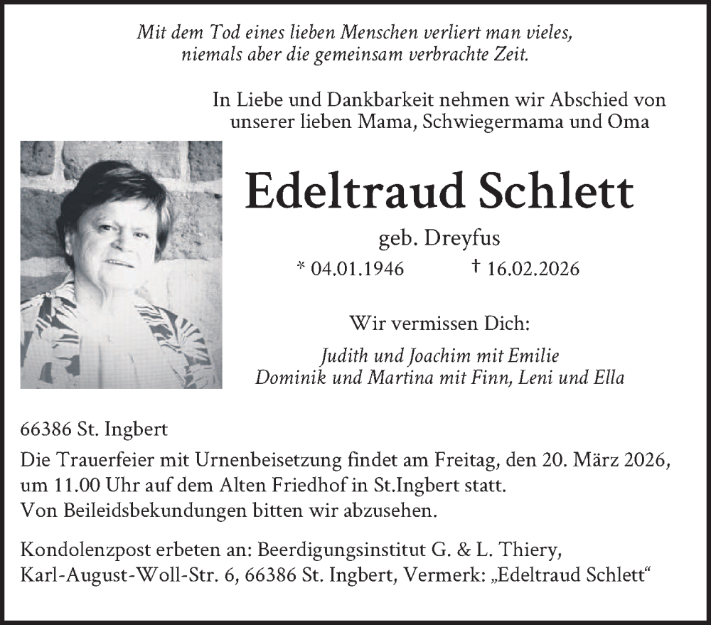  Traueranzeige für Edeltraud Schlett vom 28.02.2026 aus saarbruecker_zeitung