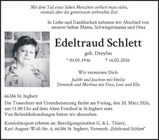 Traueranzeige von Edeltraud Schlett von saarbruecker_zeitung