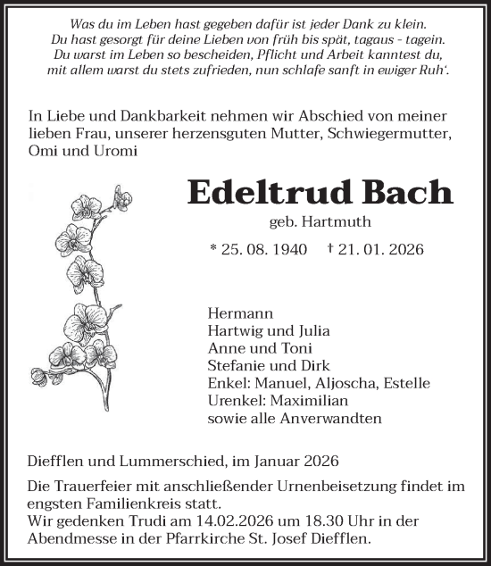 Traueranzeige von Edeltrud Bach von saarbruecker_zeitung
