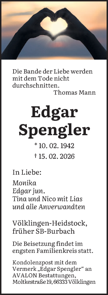  Traueranzeige für Edgar Spengler vom 21.02.2026 aus saarbruecker_zeitung