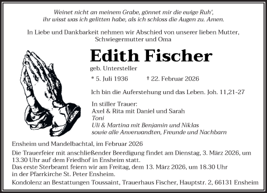 Traueranzeige von Edith Fischer von saarbruecker_zeitung