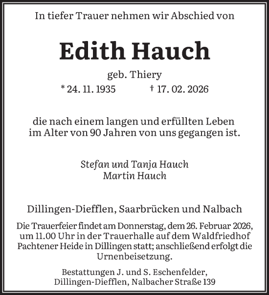 Traueranzeige von Edith Hauch von saarbruecker_zeitung