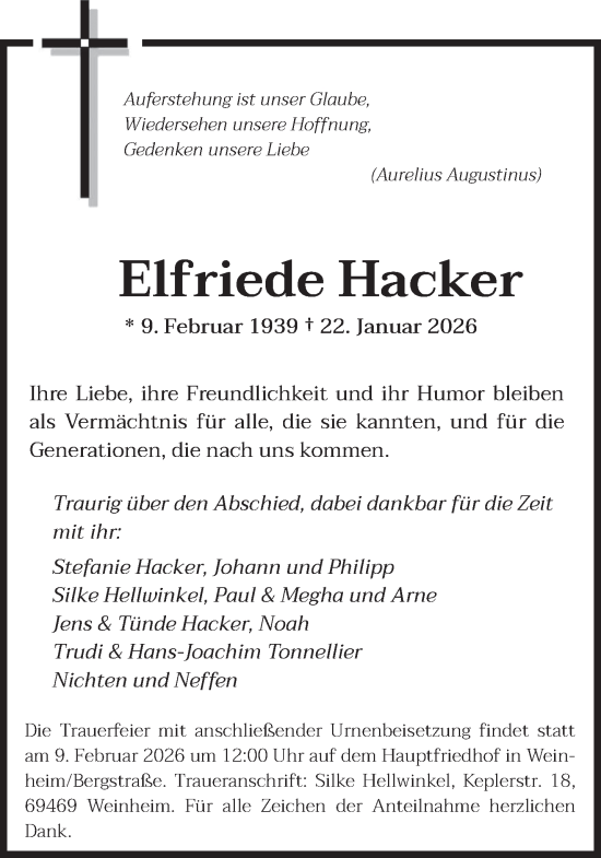Traueranzeige von Elfriede Hacker von saarbruecker_zeitung
