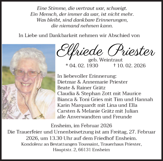 Traueranzeige von Elfriede Priester von saarbruecker_zeitung