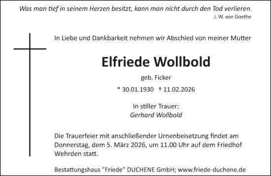 Traueranzeige von Elfriede Wollbold von saarbruecker_zeitung