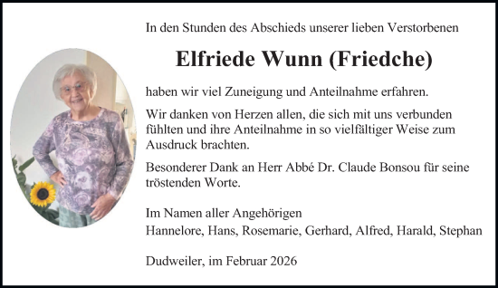 Traueranzeige von Elfriede Wunn von saarbruecker_zeitung