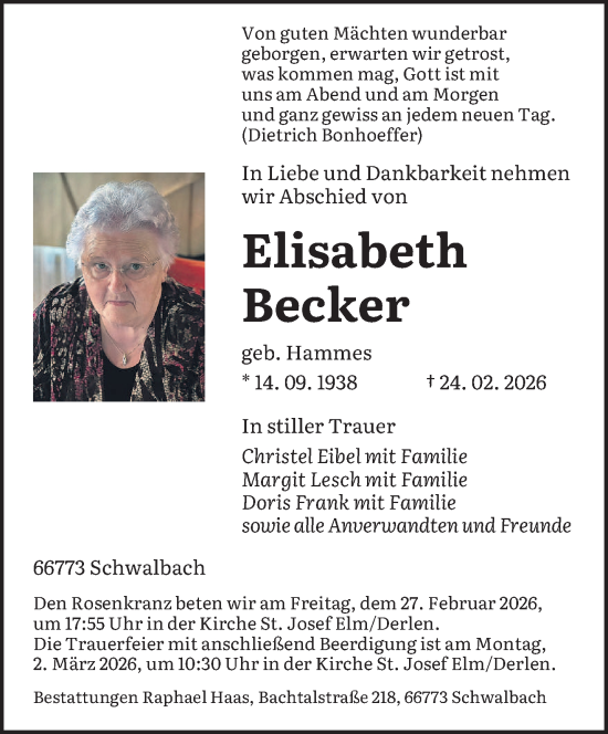 Traueranzeige von Elisabeth Becker von saarbruecker_zeitung
