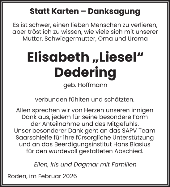 Traueranzeige von Elisabeth Dedering von saarbruecker_zeitung