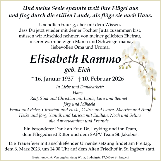 Traueranzeige von Elisabeth Rammo von saarbruecker_zeitung