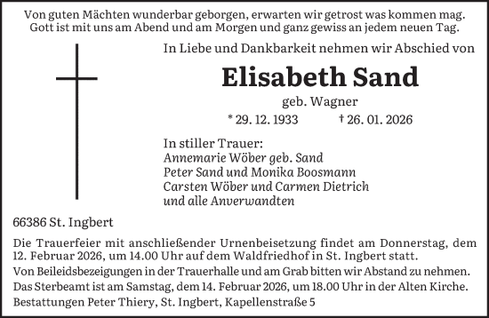 Traueranzeige von Elisabeth Sand von saarbruecker_zeitung