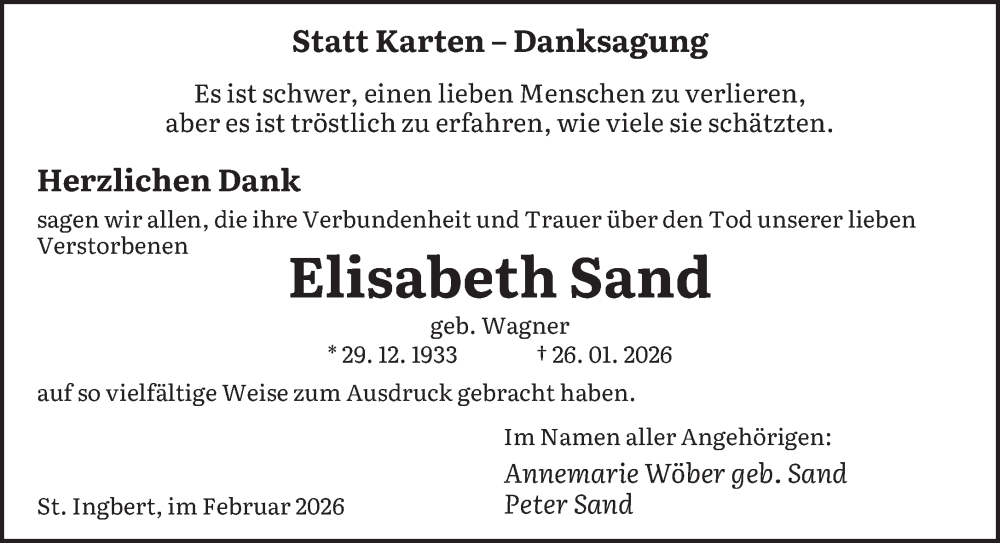  Traueranzeige für Elisabeth Sand vom 21.02.2026 aus saarbruecker_zeitung