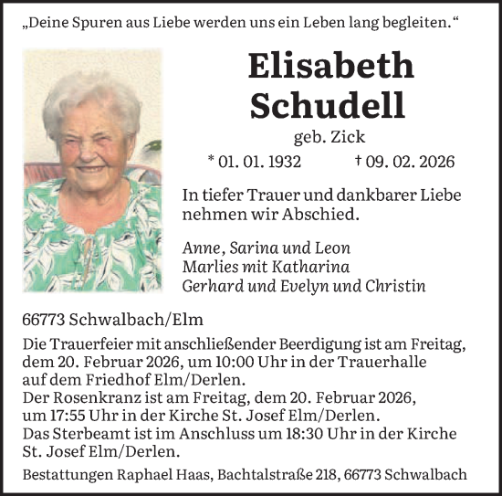 Traueranzeige von Elisabeth Schudell von saarbruecker_zeitung