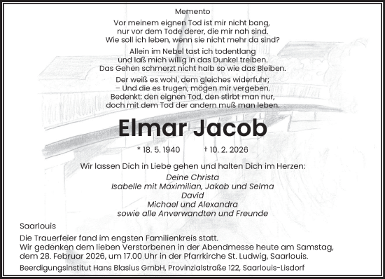 Traueranzeige von Elmar Jacob von saarbruecker_zeitung
