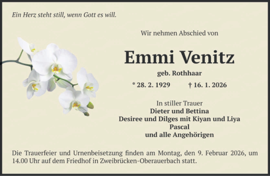 Traueranzeige von Emmi Venitz von saarbruecker_zeitung
