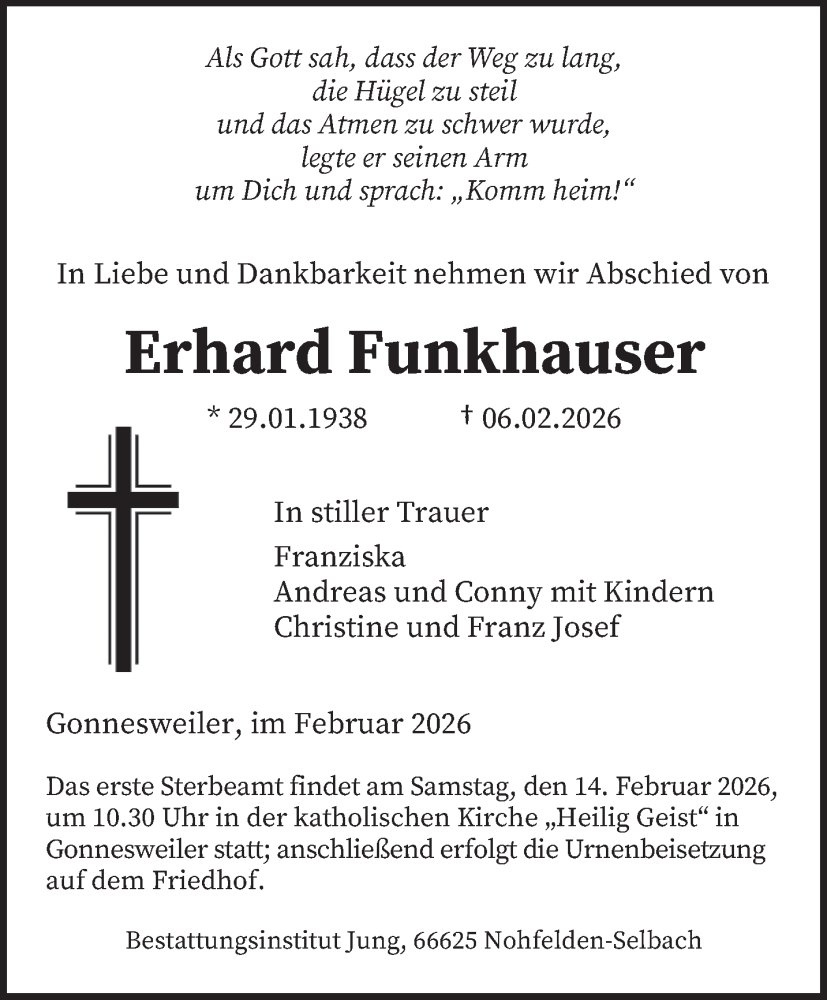  Traueranzeige für Erhard Funkhauser vom 11.02.2026 aus saarbruecker_zeitung