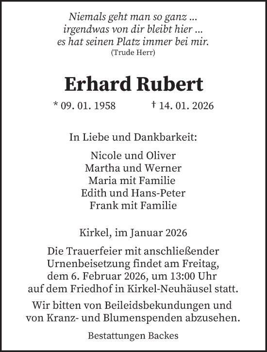 Traueranzeige von Erhard Rubert von saarbruecker_zeitung