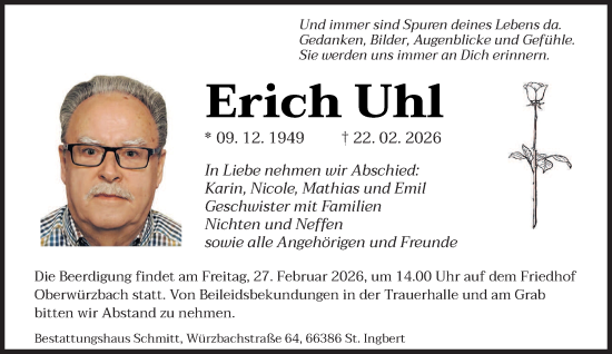 Traueranzeige von Erich Uhl von saarbruecker_zeitung