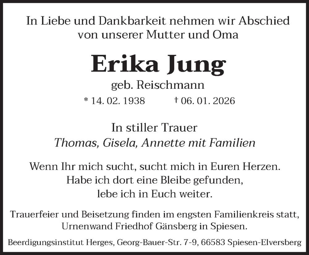  Traueranzeige für Erika Jung vom 31.01.2026 aus saarbruecker_zeitung
