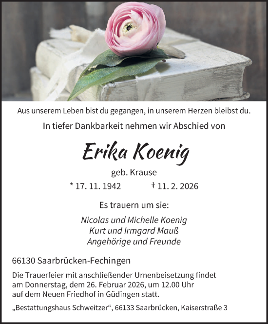 Traueranzeige von Erika Koenig von saarbruecker_zeitung