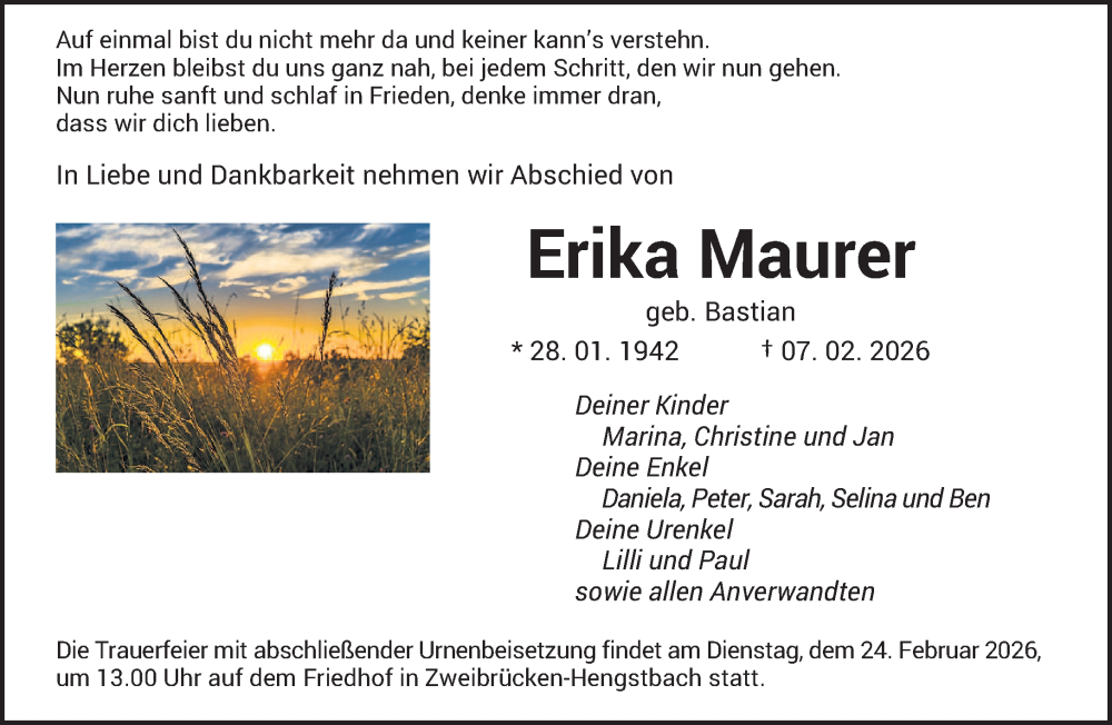  Traueranzeige für Erika Maurer vom 18.02.2026 aus saarbruecker_zeitung