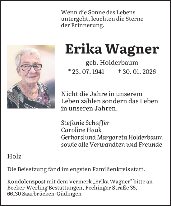 Traueranzeige von Erika Wagner von saarbruecker_zeitung