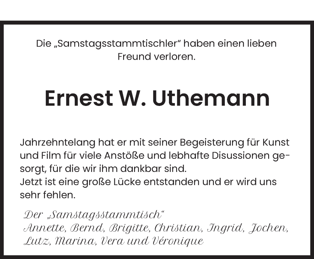  Traueranzeige für Ernest W. Uthemann vom 21.02.2026 aus saarbruecker_zeitung