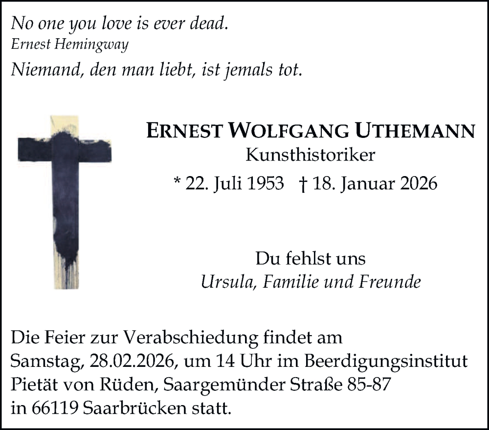  Traueranzeige für Ernest Wolfgang Uthemann vom 21.02.2026 aus saarbruecker_zeitung